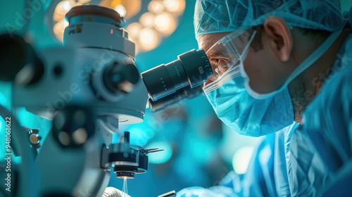 Surgeon performing microsurgery with medical microscope in operating room