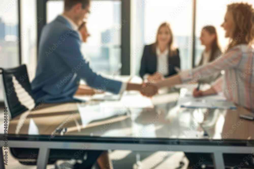 Concluding another successful meeting Defocused shot of businesspeople shaking hands during a meeting in an office Concluding another successful meeting Defocused shot of businesspeople shaking hands during a meeting in an office