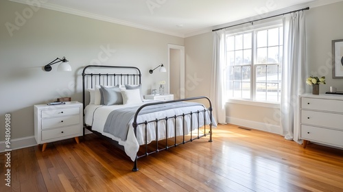 A modern farmhouse bedroom with a hardwood floor, a queen-sized bed with a white headboard and a black metal frame, a white dresser with three drawers and a wall-mounted lamp.