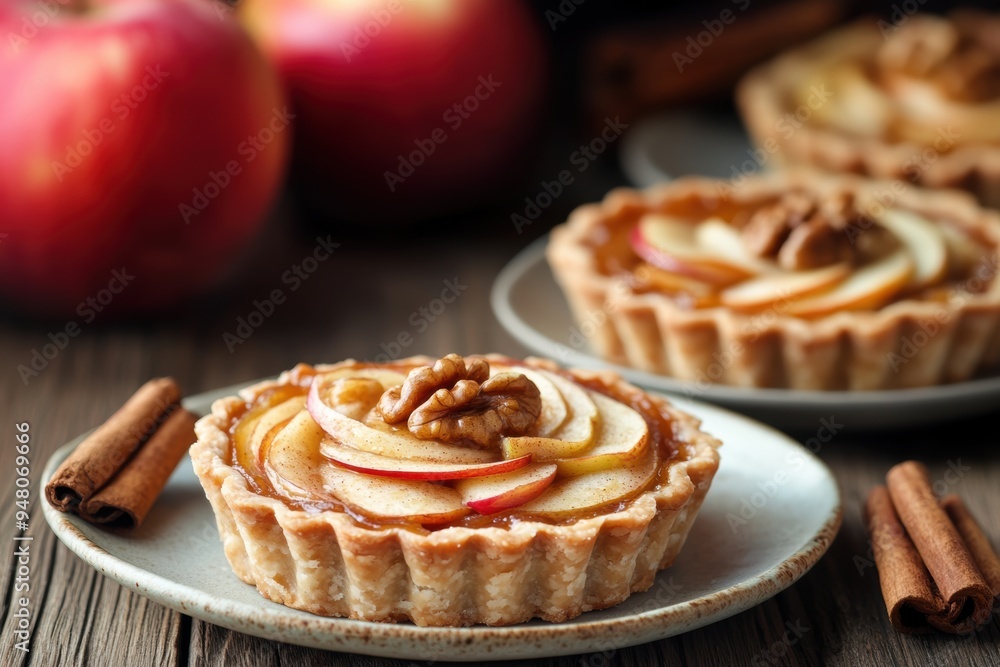 cinnamon tart on wooden table with fresh apples nearby cinnamon tart on wooden table with fresh apples nearby
