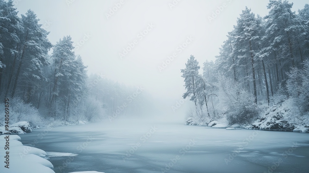 Frozen Lake in Winter Fog Frozen Lake in Winter Fog