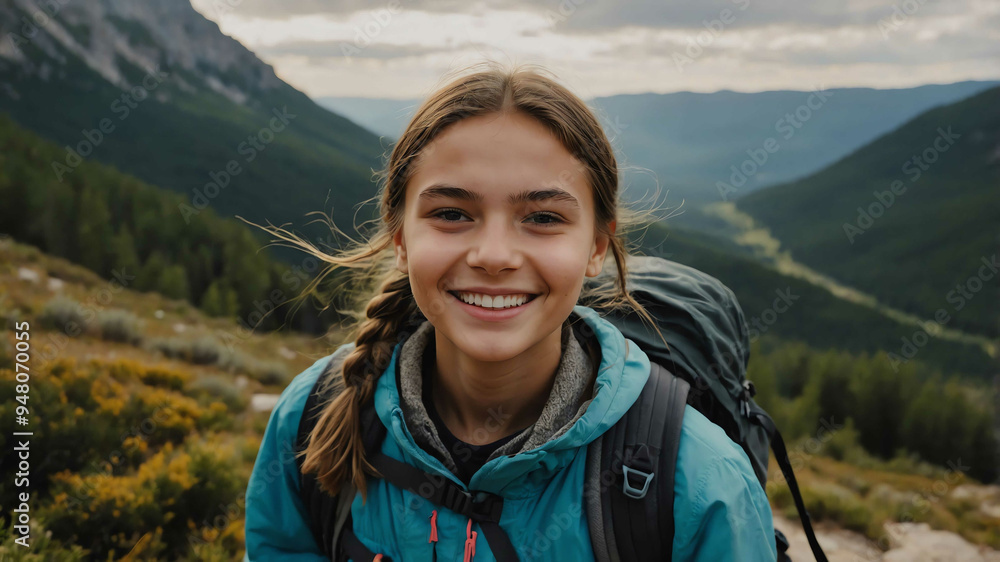 charming teen caucasian girl hiking trail background portrait shot charming teen caucasian girl hiking trail background portrait shot