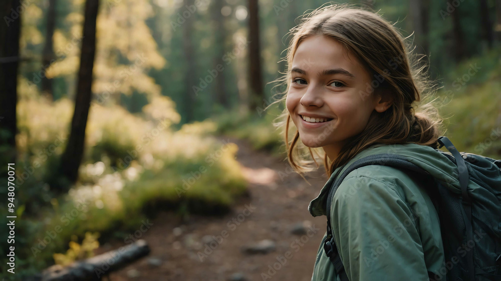 charming teen caucasian girl hiking trail background portrait shot charming teen caucasian girl hiking trail background portrait shot