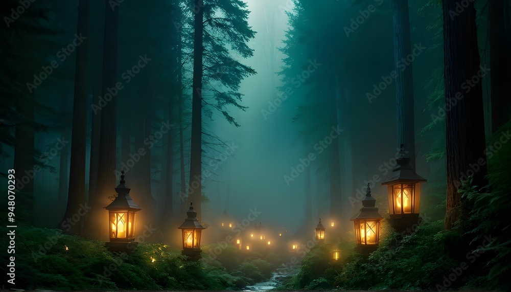 The Enchanted Forest of Glowing Lanterns Leading Through the Mystical Green Mist The Enchanted Forest of Glowing Lanterns Leading Through the Mystical Green Mist