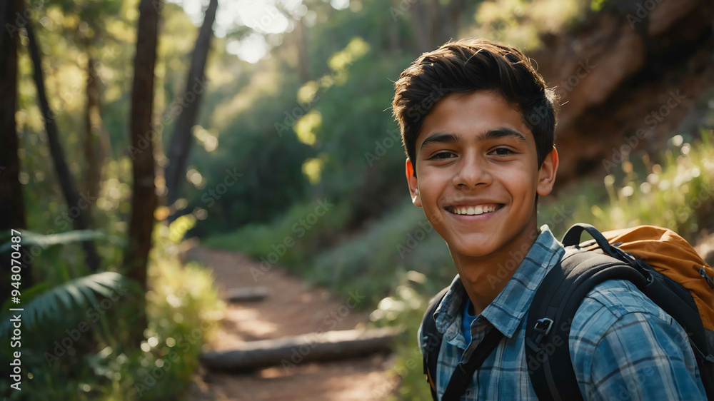 charming teen hispanic boy hiking trail background portrait shot charming teen hispanic boy hiking trail background portrait shot