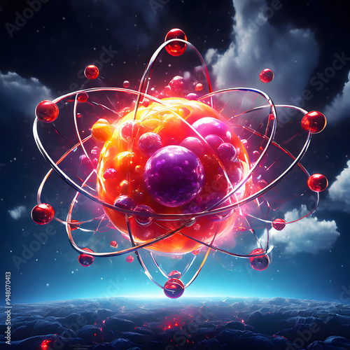 An atom consisting of a nucleus of protons and neutrons surrounded by a cloud of electrons, depicted with a futuristic and dramatic style. photo