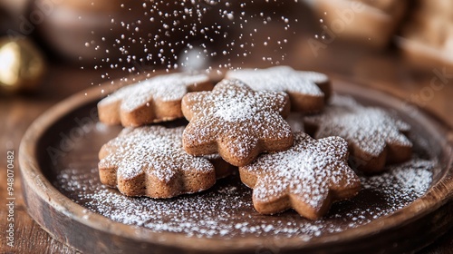 Gingerbread cookies with powdered sugar dusting on top photo