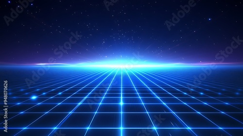 Futuristic abstract digital background with a glowing horizon and a blue grid pattern under a starry sky. Perfect for tech and sci-fi themes. photo