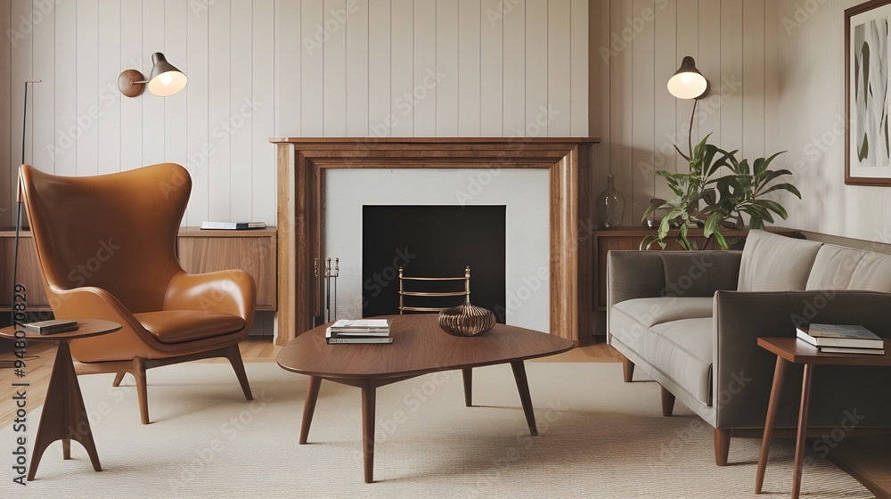 A mid-century style living room with a brown leather chair and a grey sofa, a wooden coffee table, a side table and fireplace with a wooden mantel. A mid-century style living room with a brown leather chair and a grey sofa, a wooden coffee table, a side table and fireplace with a wooden mantel.