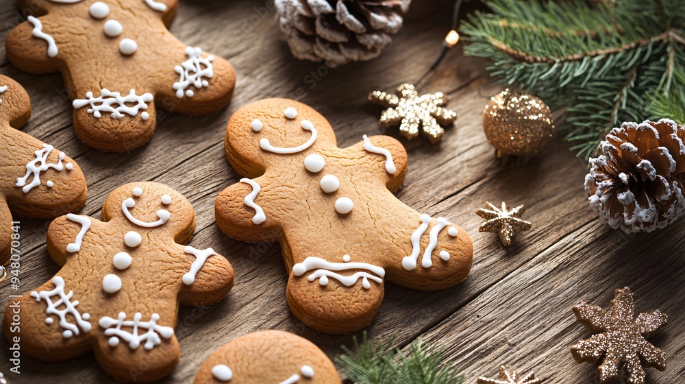Gingerbread cookies arranged on a rustic wooden table with holiday decor Gingerbread cookies arranged on a rustic wooden table with holiday decor