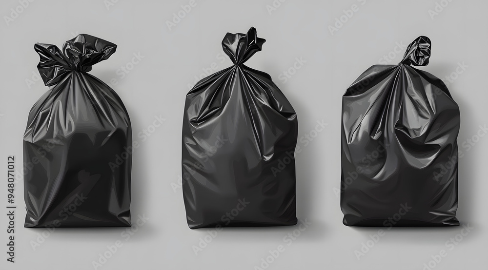 Four Black Garbage Bags in Different Sizes and Shapes, Representing Varied Waste Management Solutions and Versatile Packaging Options
Four Black Garbage Bags in Different Sizes and Shapes, Representing Varied Waste Management Solutions and Versatile Packaging Options