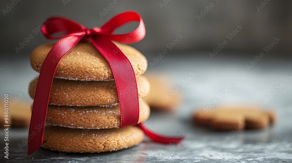 A stack of gingerbread cookies tied with a red ribbon A stack of gingerbread cookies tied with a red ribbon