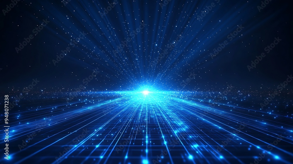 Fototapeta premium Futuristic blue light burst with digital grid lines, abstract technology background perfect for innovation and tech concepts.