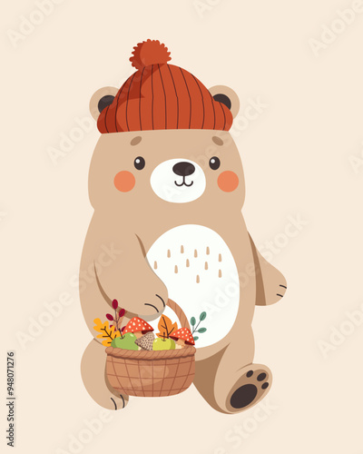 Cute Vector Bear Cub in Red Hat with Basket of Mushrooms and Apples