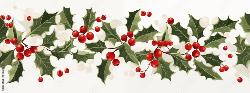 Holly Berries And Leaves Garland Border On White Background Holly Berries And Leaves Garland Border On White Background