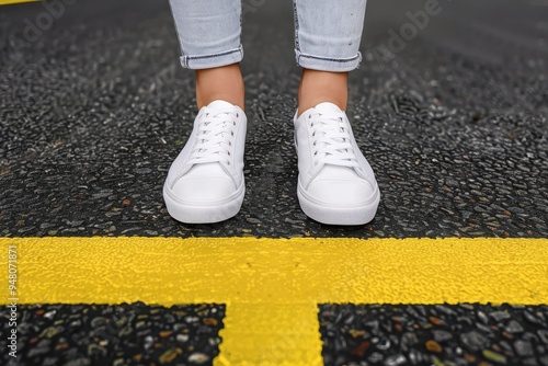 Women Equality Concept with Young Lady Standing on Asphalt Road yellow Line Women Equality Concept with Young Lady Standing on Asphalt Road yellow Line