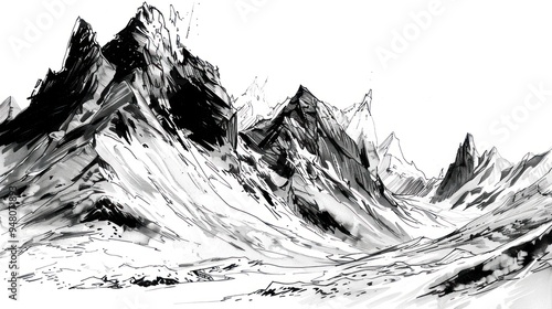 Ink Drawing of a Mountain Range with Sharp Peaks