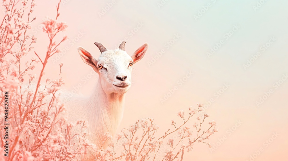 Obraz premium Goat peeking out from behind the treetops on pastel colors background, copy space
