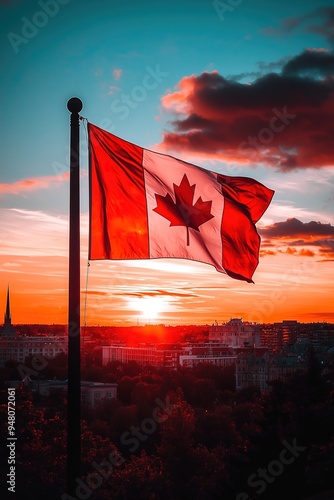 canadian flag waving in the wind at sunset over a city skyline, ottawa, canada