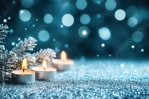 Serene winter holiday scene with lit candles snowy branches