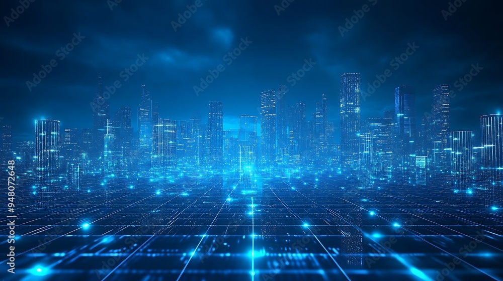 Obraz premium Futuristic digital cityscape with glowing blue lights and skyscrapers. Depicts a high-tech urban environment, innovation, and technology.