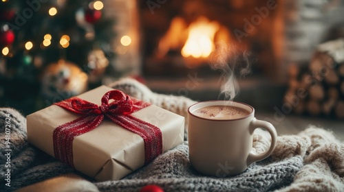 A cozy scene featuring a wrapped gift with a festive bow next to a steaming mug of cocoa and holiday decorations