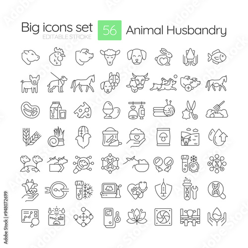 Animal husbandry linear icons set. Livestock cultivation. Ranching, horticulture. Welfare, healthcare. Customizable thin line symbols. Isolated vector outline illustrations. Editable stroke