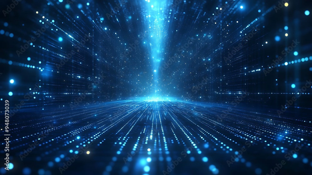 Fototapeta premium Futuristic digital data stream, abstract blue technology background with light dots and motion blur, suitable for web and tech designs.