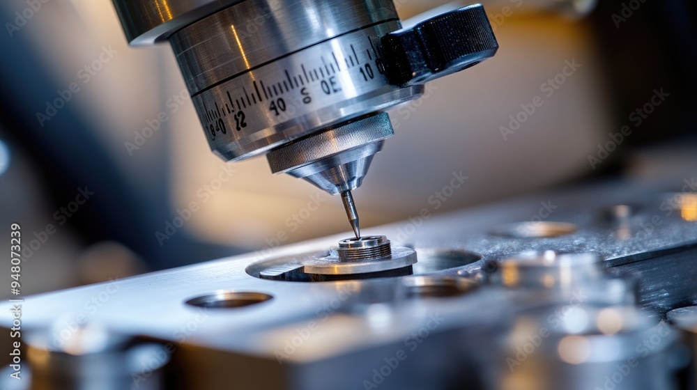 A detailed shot of a micrometer measuring the thickness of a material, with a focus on accuracy and technical detail A detailed shot of a micrometer measuring the thickness of a material, with a focus on accuracy and technical detail