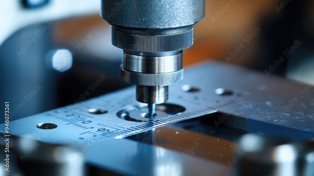 A detailed shot of a micrometer measuring the thickness of a material, with a focus on accuracy and technical detail A detailed shot of a micrometer measuring the thickness of a material, with a focus on accuracy and technical detail