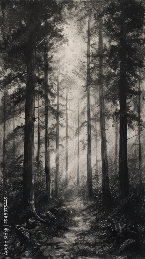 Naklejka premium A Path Through A Dark and Misty Forest