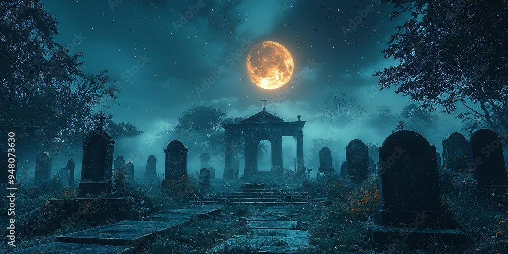 A haunting moonlit cemetery scene perfect for Halloween-themed designs, featuring weathered tombstones and a mystical atmosphere with copy space. A haunting moonlit cemetery scene perfect for Halloween-themed designs, featuring weathered tombstones and a mystical atmosphere with copy space.