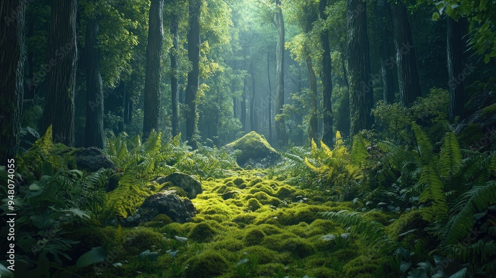 Fototapeta premium A forest floor covered in moss and ferns, with towering trees overhead, creating a lush and vibrant scene