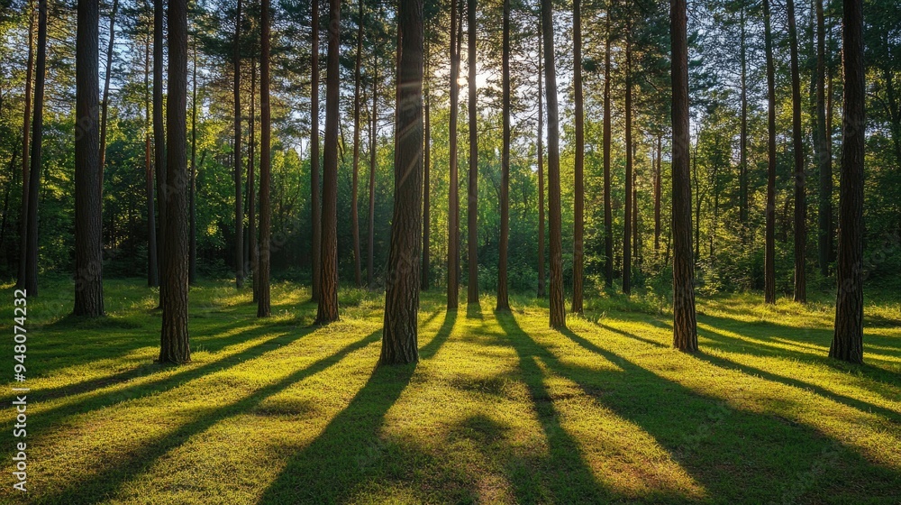 A forest in late summer, with tall trees casting long shadows and creating a cool, inviting atmosphere
