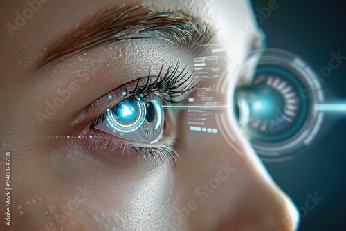 Female eye close up with smart contact lens with digital and biometric implants to scanning the ocular retina. Future concept and hi tech technology for scans to face eye identification Female eye clo