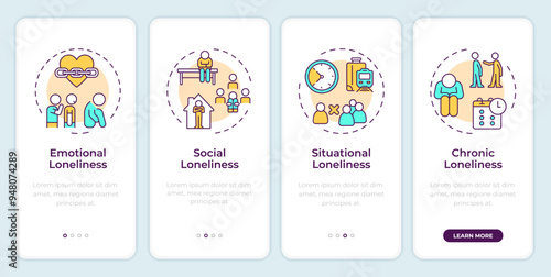 Forms of loneliness onboarding mobile app screen. Self isolation. Walkthrough 4 steps editable graphic instructions with linear concepts. UI, UX, GUI template. Montserrat SemiBold, Regular fonts used