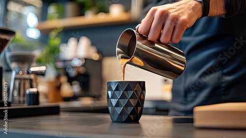 A barista in a modern coffee shop pouring a coffee drink into a sleek, geometric-shaped mug, with a stylish interior in the background.