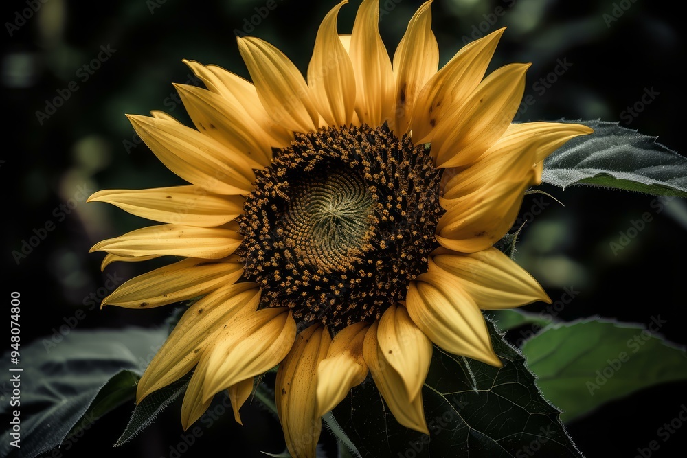 Naklejka premium Close-up of a vibrant sunflower with detailed petals and seeds, set against a dark backdrop