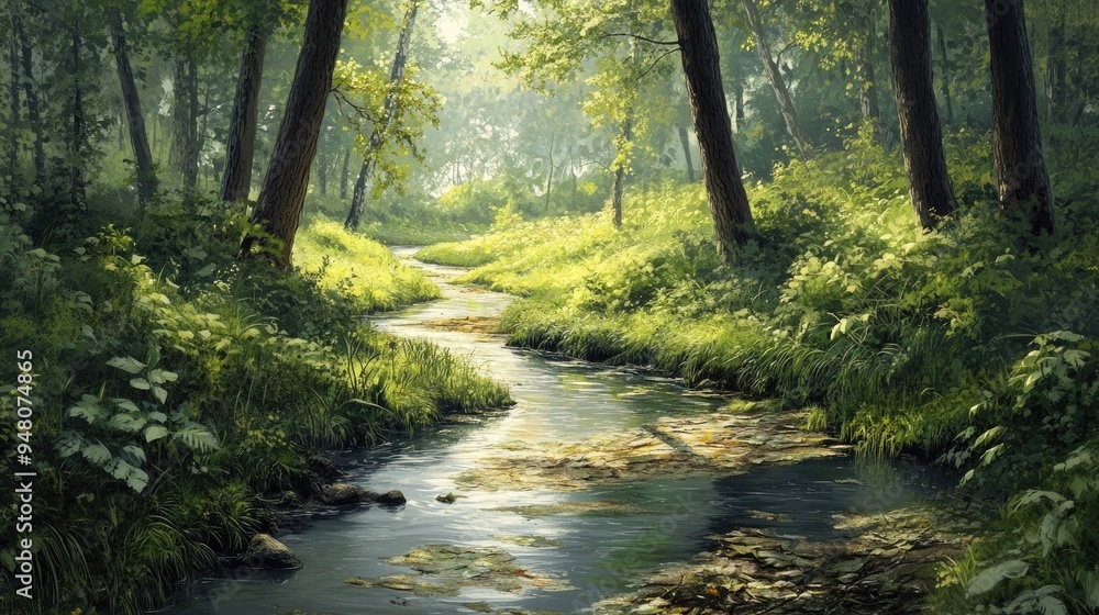 A forest stream winding through a lush green landscape, with trees and plants creating a peaceful and natural scene A forest stream winding through a lush green landscape, with trees and plants creating a peaceful and natural scene