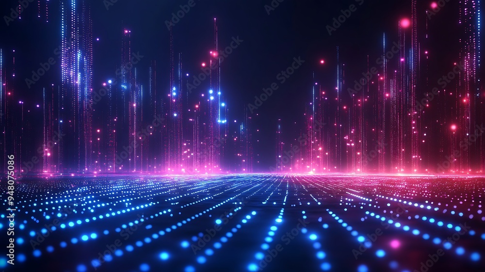 Fototapeta premium Futuristic digital landscape with glowing blue and pink lights representing data streams and technology in a virtual space.