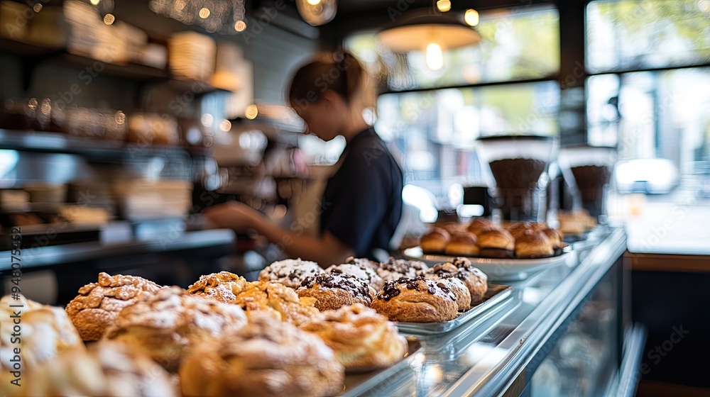 A coffee shop display case filled with freshly baked pastries, with a barista serving a customer in the background. A coffee shop display case filled with freshly baked pastries, with a barista serving a customer in the background.