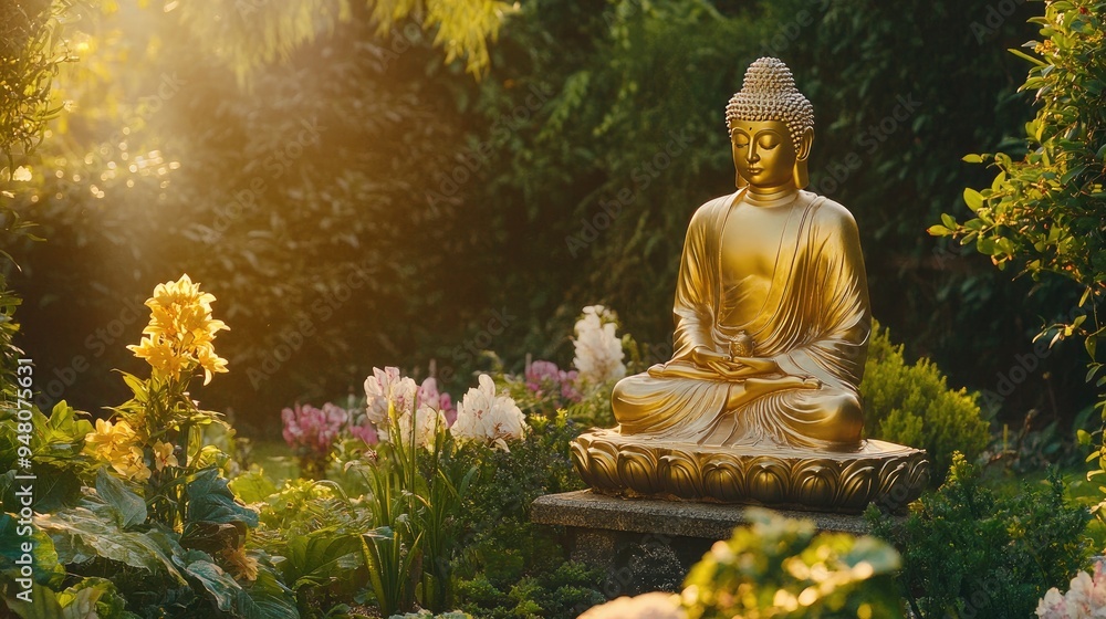 A golden Buddha statue in a lush garden, framed by greenery and soft sunlight for a serene outdoor setting A golden Buddha statue in a lush garden, framed by greenery and soft sunlight for a serene outdoor setting