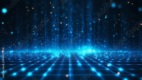 Futuristic digital landscape with glowing blue lights and a grid pattern, representing technology and data visualization.