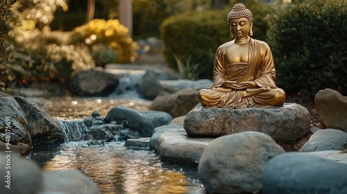 A golden Buddha statue in a peaceful meditation garden, surrounded by smooth stones and gentle, flowing water