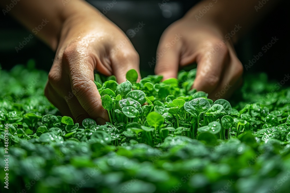 Hands tending to a lush, indoor microgreen garden, showcasing the detailed care and attention to small space gardening. Generative AI Hands tending to a lush, indoor microgreen garden, showcasing the detailed care and attention to small space gardening. Generative AI