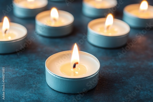 Tranquil scene of multiple lit tealight candles on blue background