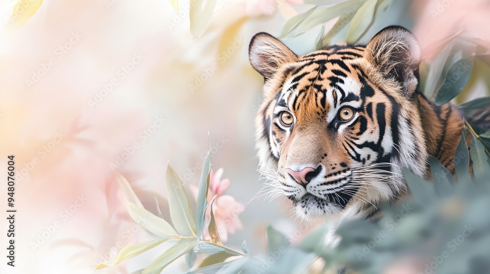 Tiger peeking out from behind the treetops on pastel colors background, copy space Tiger peeking out from behind the treetops on pastel colors background, copy space