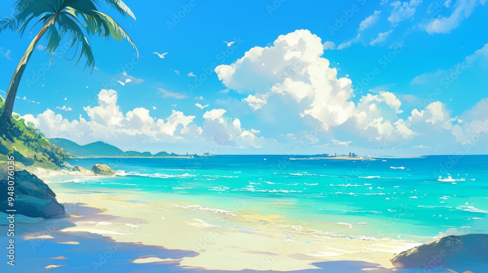 Fototapeta premium Tropical Beach Paradise with Palm Tree White Sand and Blue Ocean