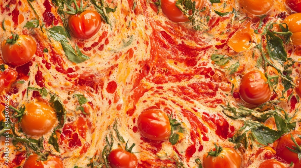 An abstract pattern of splattered tomatoes and red juice creating a swirling design against a bright background. The edges of the image are decorated with traditional Spanish elements, while the An abstract pattern of splattered tomatoes and red juice creating a swirling design against a bright background. The edges of the image are decorated with traditional Spanish elements, while the