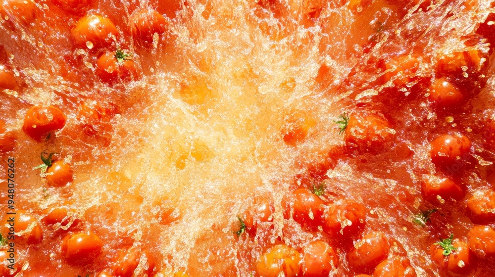 An abstract pattern of splattered tomatoes and red juice creating a swirling design against a bright background. The edges of the image are decorated with traditional Spanish elements, while the An abstract pattern of splattered tomatoes and red juice creating a swirling design against a bright background. The edges of the image are decorated with traditional Spanish elements, while the